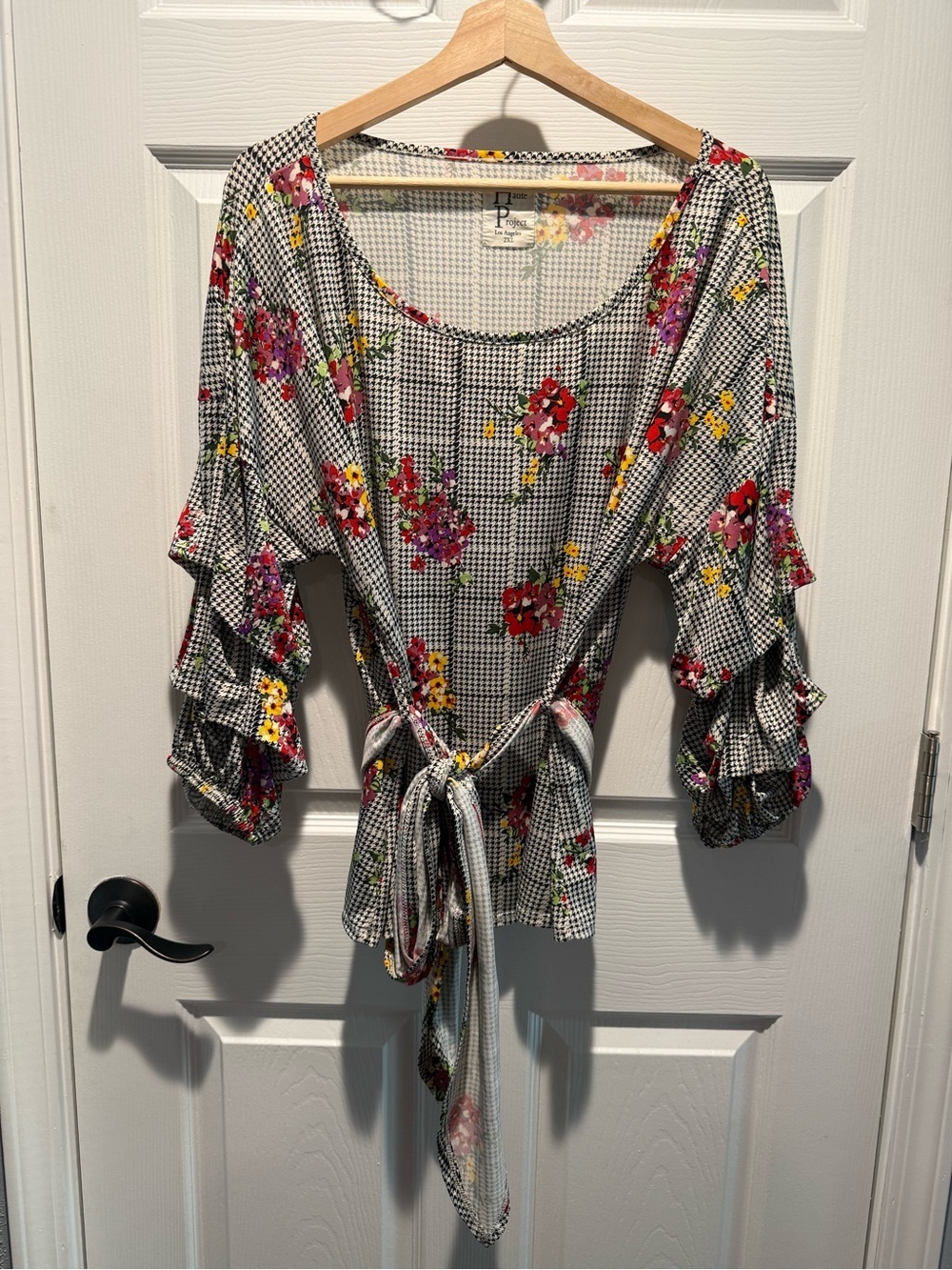 Plus-Size Black Floral Tie-Front Blouse with Ruffled Sleeves - Picture 2 of 3